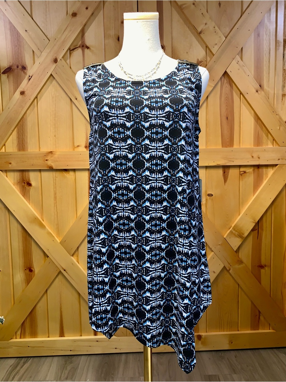Y2K Asymmetrical handkerchief Tunic S Dress Resort Wear Blue Black Gold Accents